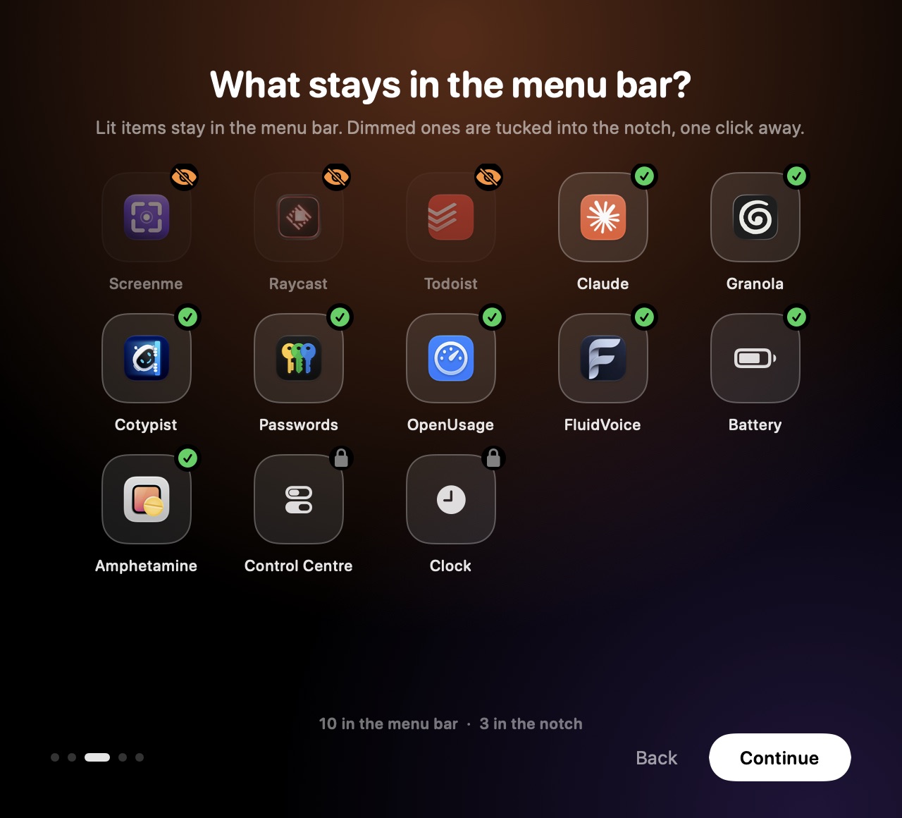 Onboarding step: a grid of menu bar apps, lit ones stay in the menu bar, dimmed ones move behind the notch