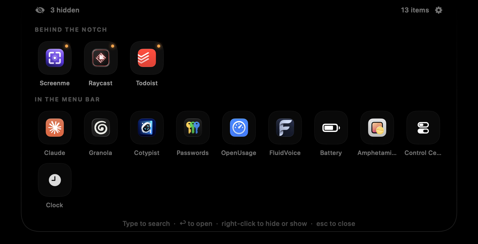 The Notchless panel: three apps listed behind the notch, ten more in the menu bar, each shown with its icon and name